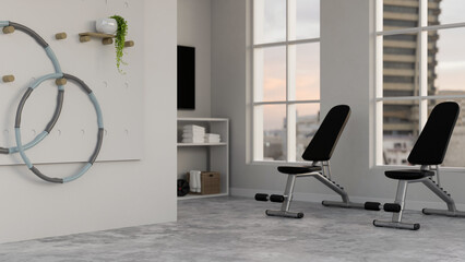 Modern fitness gym interior design with bench, hola hoop and exercise equipment © bongkarn