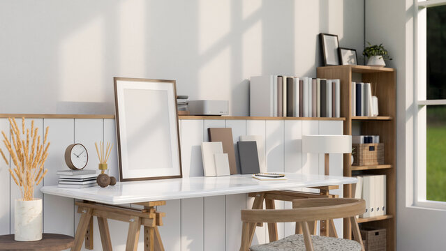  Minimal Scandinavian nordic home working room with poster frame mockup on the white table