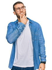 Young caucasian man wearing casual clothes thinking worried about a question, concerned and nervous...