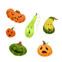 Pumpkins clip art. Digital illustration. Six colorful pumpkins are drawn in Adobe Photoshop. For Halloween design and decor.