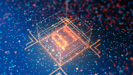 3D Futuristic circuit background. Motion graphic for abstract data center, server, internet, speed. Futuristic HUD tunnel. Display screens for tech titles and background, tech headline. 3D rendering