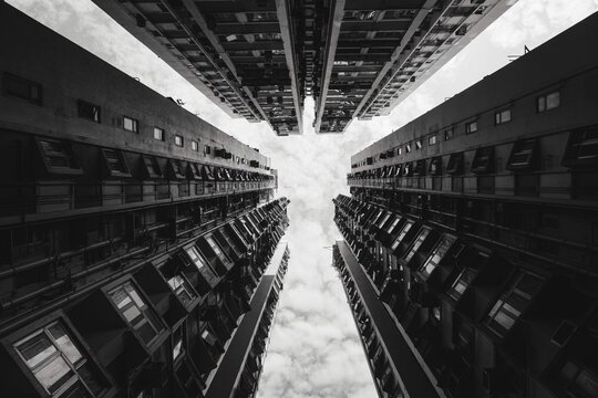Low-angle shot of tall skyscrapers in greyscale - great for backgrounds