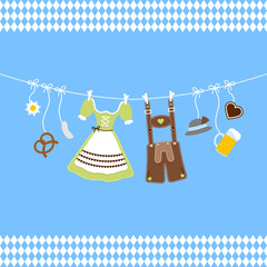 Horizontal H&auml;ngende Oktoberfest Symbole Hut Gr&uuml;n Braun Rautenmuster Bord&uuml;re Blauer Hintergrund