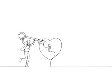 Drawing of man hand holding a big key for a woman's heart. Metaphor for love. Single line art style