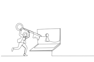 Drawing of businesswoman hold the keys and computer laptop with protection key lock. Metaphor for online data security. Single line art style