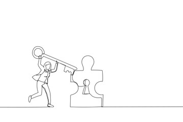 Cartoon of young businesswoman standing opening puzzle door with big key. Metaphor for achieving goal, solution and success. Single continuous line art style