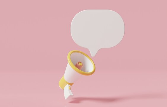 Megaphone with speech bubble, communication or public relation, announce information, promotion or sale, marketing strategy concept, 3d render illustration.