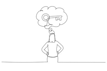 Drawing of businesswoman thinking about key to success. Single line art style