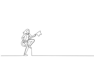 Cartoon of success businesswoman holding key as guitar dancing with freedom. Metaphor fopr business or career development, leadership and motivation to self improve. Single continuous line art style