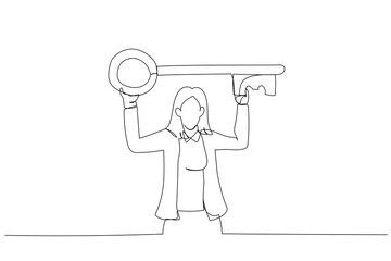 Illustration of businesswoman standing carry big key in raised over head. Metaphor for having strategic key ideas. One line art style