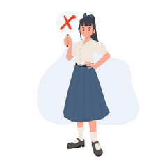 Asian student in school uniform. Thai student girl is holding red X sign. false. wrong. incorrect. vector illustration
