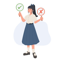Asian student in school uniform. Thai student girl is making decision right or wrong. vector illustration