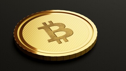Golden Bitcoin coin on black background with copy space