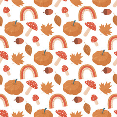 autumn seamless pattern with vivid pumpkin, stylized rainbow, yellow leaves and mushrooms