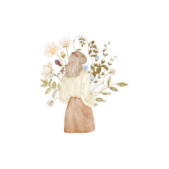 Autumn composition of a girl and a bouquet of flowers