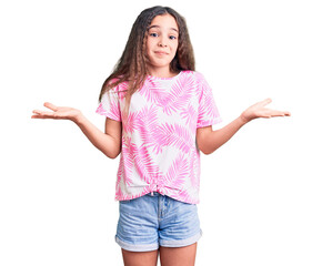 Cute hispanic child girl wearing casual clothes clueless and confused expression with arms and hands raised. doubt concept.