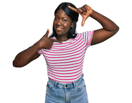 African young woman wearing casual striped t shirt smiling making frame with hands and fingers with happy face. creativity and photography concept.