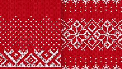 Christmas knit print. Red knitted geometrical textures. Set of seamless patterns. Holiday Xmas winter ornament. Festive crochet. Vector. Fair isle traditional geometric backgrounds.