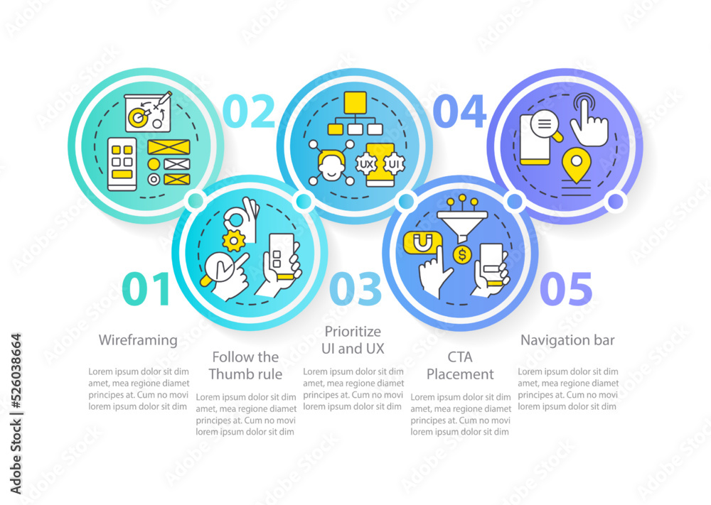 Poster mobile website development blue circle infographic template. data visualization with 5 steps. editab