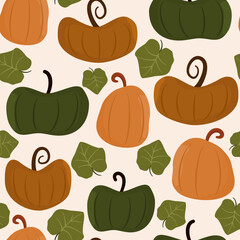 cute abstract fall seamless vector pattern background illustration with colorful pumpkins and autumn leaves	