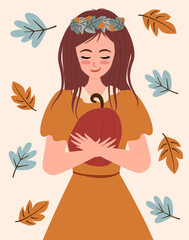 cute cartoon character girl with leaves crown and pumpkin fall autumn vector background illustration