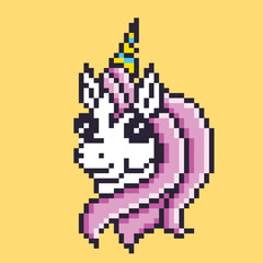 Fototapeta premium Cute female unicorn smiling. Vector 8 bit pixel art illustration. Isolated background
