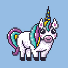 Cute cartoon Unicorn. 8 bit pixel art vector illustration. Isolated background