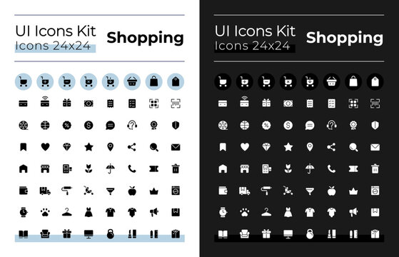Shopping glyph ui icons set for dark, light mode. Digital commerce. Silhouette symbols for night, day themes. Solid pictograms. Vector isolated illustrations. Montserrat Bold, Light fonts used