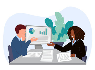 A man and a woman discuss business issues at the table. There are documents on the table, a computer monitor in the background. Colleagues solve work problems. Vector illustration, flat style