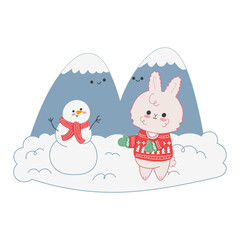 Vector illustration of kawaii rabbit making a snowman in winter. Winter concept for postcards, posters and decor