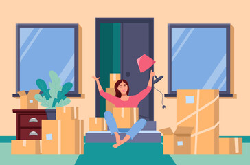 Happy girl is sitting on the steps of the house and holding a lamp in her hand. Packaging boxes are standing nearby on the lawn. Moving to a new home. Vector illustration in flat style.