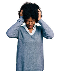 Young african american woman wearing business clothes suffering from headache desperate and stressed because pain and migraine. hands on head.