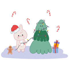 Vector kawaii illustration of a rabbit decorating a Christmas tree. Christmas and new year concept for cards, posters and children's decor
