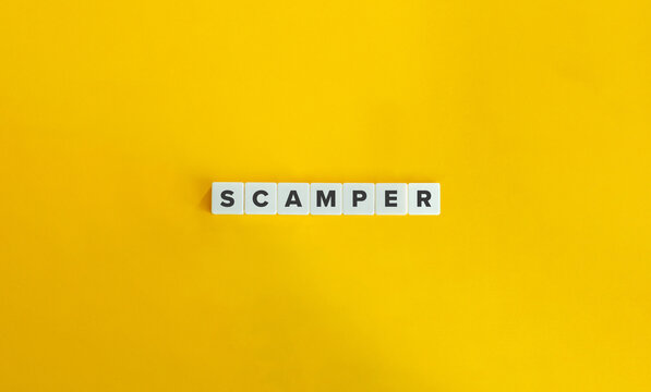 Scamper Acronym and Banner. Letter Tiles on Yellow Background. Minimal Aesthetics.