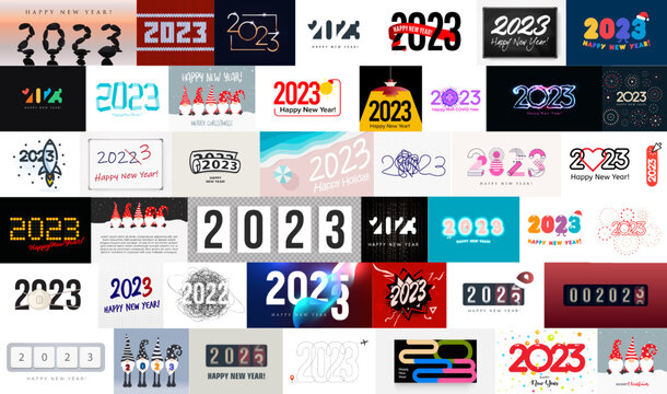 Big collection of 2023 New Year posters and logos for new year event decoration, greeting cards, calendar and winter holiday banners. Vector illustration