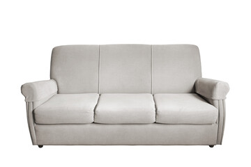 Three seater gray sofa with armrests isolated