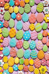 Fototapeta na wymiar Colored cookies. Gingerbread Cookies. Top View. Easter gingerbreads in multicolored glaze. Background