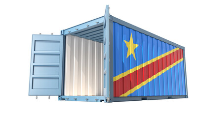 Cargo Container with open doors and Democratic Republic of the Congo national flag design. 3D Rendering