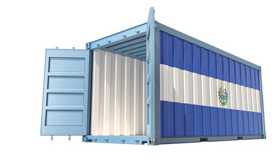 Cargo Container with open doors and El Salvador national flag design. 3D Rendering