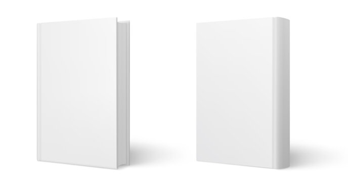 Book cover blank white vertical mockup. Blank book template mockup. Empty book cover different views isolated on white background - stock vector.