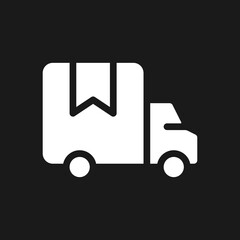 Delivery truck dark mode glyph ui icon. Transporting goods and products. User interface design. White silhouette symbol on black space. Solid pictogram for web, mobile. Vector isolated illustration