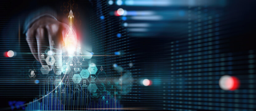Businessman control virtual rocket launch growth business,Startup new business concept,  Fast business success. Network connection technology innovation business blockchain.