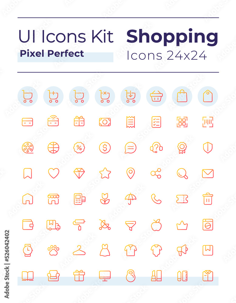 Poster e commerce pixel perfect gradient linear ui icons set. retail shop. purchasing experience. line cont