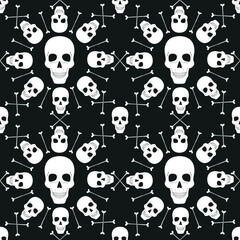 Seamless monochrome pattern of a skull surrounded by other skulls and bones
