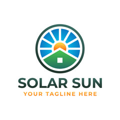 House and Sun Illustration Can Use For Solar System Roof Panel Company Logo