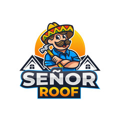 Mexican Man With Mustache Wearing Sombrero Hat and Hold Hammer For Home Roof Reparation Mascot Logo