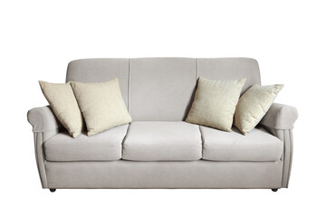 Three seater gray sofa with armrests and four cushions isolated