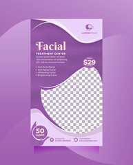 Social media story post and banner template for Facial Beauty Care Center promotion with beautiful purple. Vector design to promote beauty salon, Healthy Skin Clinic, cosmetic sale, medical spa, etc