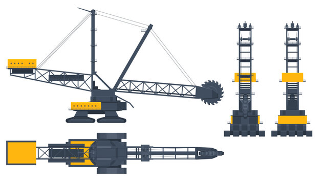 Isometric Bucket-wheel excavator. BWE, Bucket-wheel excavator mining lignite. View front, rear, side and top. Mining quarry, mine. Equipment for high-mining industry.