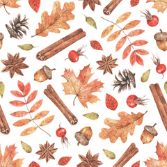 Autumn watercolor pattern. Seamless texture with yellow leaves, acorns, spices and rosehip berries